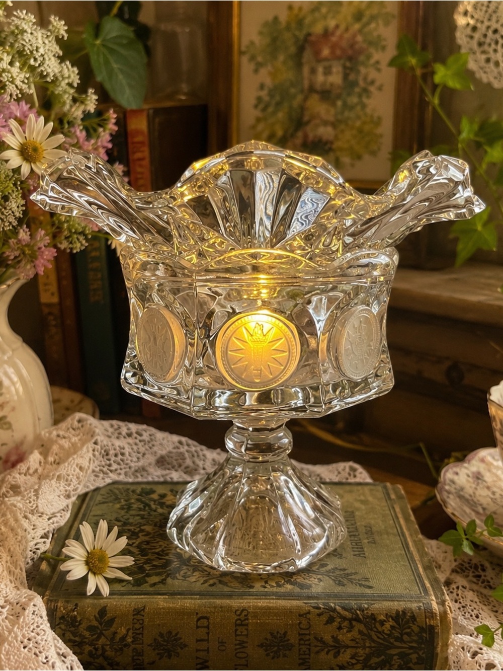 Vintage Fostoria American Coin Fairy Lamp | Pedestal Glass Candle Holder